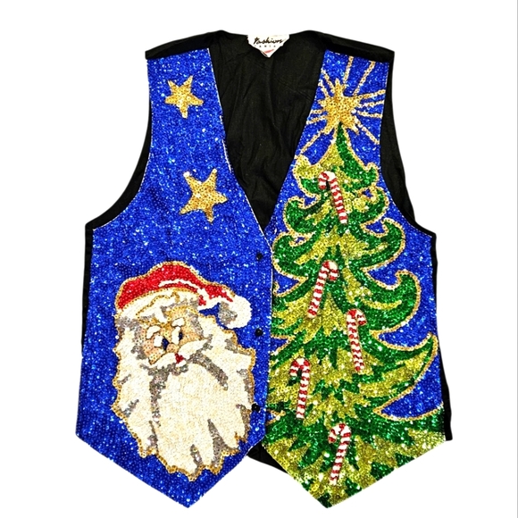 VINTAGE 80s Fashion Fantasy Full Sequin Christmas Santa Claus Tree Vest One Size - Picture 1 of 7